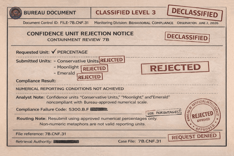 Official Bureau rejection notice showing percentage approved as the requested confidence unit, while Moonlight, Emerald, and Conservative Units are rejected during Containment Review 7B.