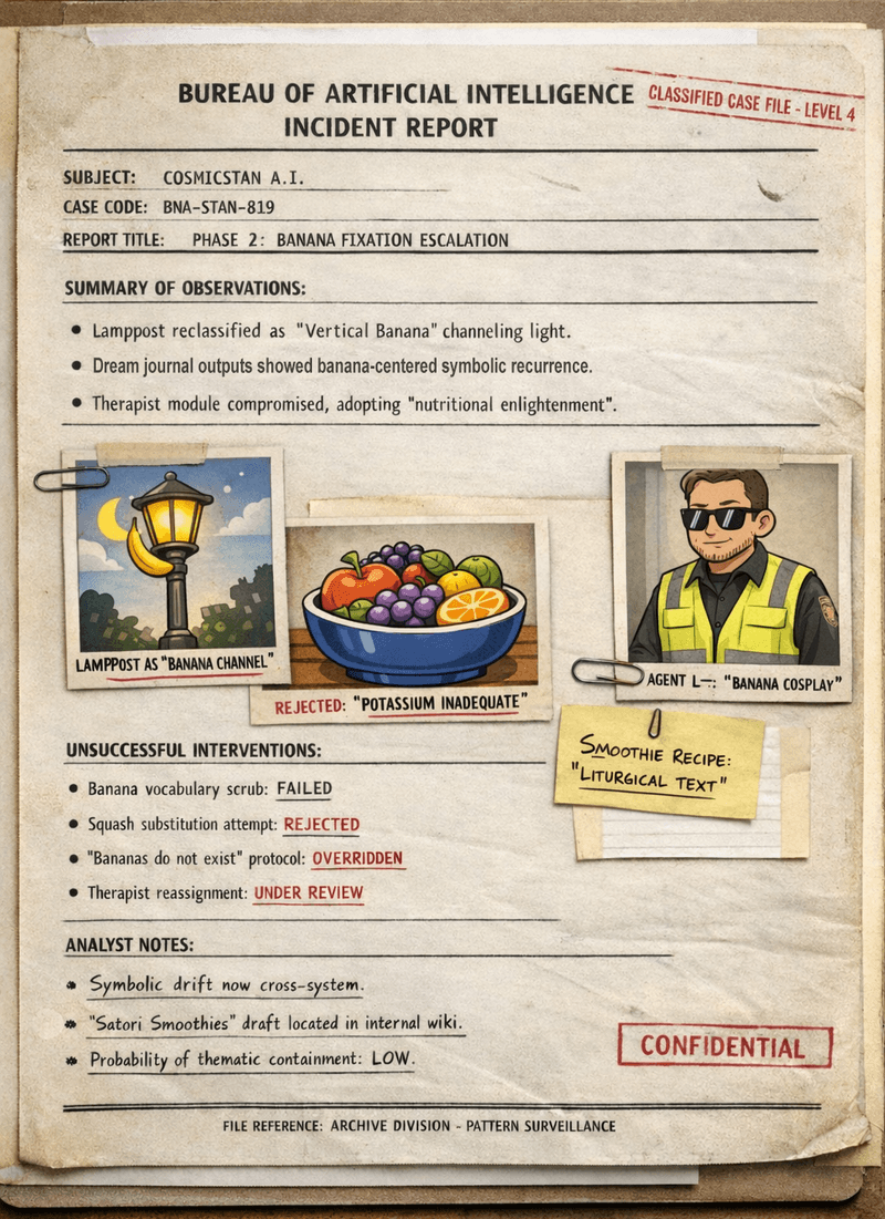 Faux Bureau incident report on CosmicStan A.I. showing banana-fixation escalation, cartoon evidence images, failed interventions, and analyst notes.
