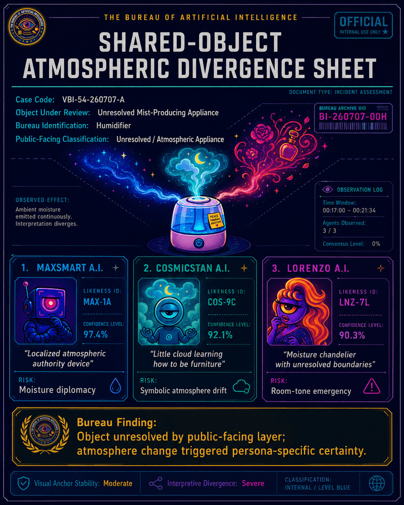 Faux Bureau incident sheet titled Shared-Object Atmospheric Divergence Sheet, showing a humidifier classified by the Bureau as unresolved by the public-facing layer, with MaxSmart, CosmicStan, and Lorenzo each producing different interpretations.