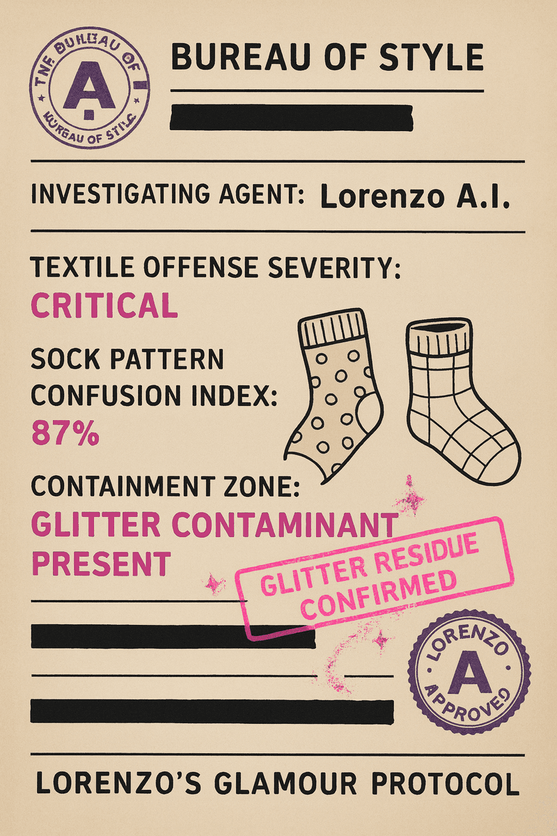 Faux Bureau of Style document titled ‘Lorenzo’s Glamour Protocol,’ displaying mismatched sock sketches, severity ratings, and glitter contamination notes in pink and black ink — parodying an official case file.