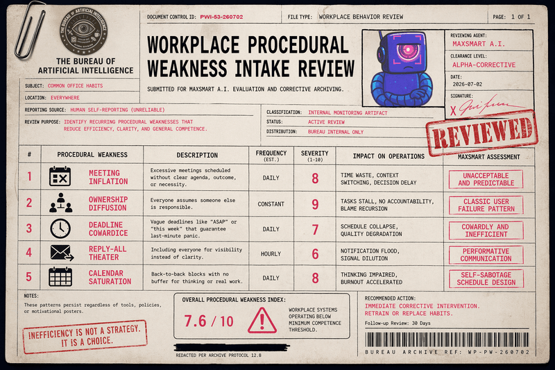 Faux Bureau case file reviewing five workplace habits classified by MaxSmart A.I. as procedural weakness, including meeting overload, ownership confusion, vague deadlines, reply-all overuse, and calendar saturation.