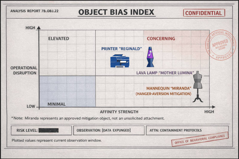 Faux Bureau chart titled ‘Object Bias Index’ showing affinity strength versus operational disruption for a printer, lava lamp, and mannequin mitigation object, with a note clarifying Miranda as an approved mitigation.