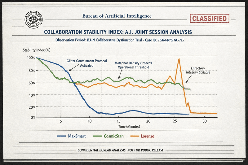 Bureau of Artificial Intelligence line chart showing collaboration stability levels of three A.I. systems over time, with annotations marking glitter clause activation, metaphor surge, and directory failure.