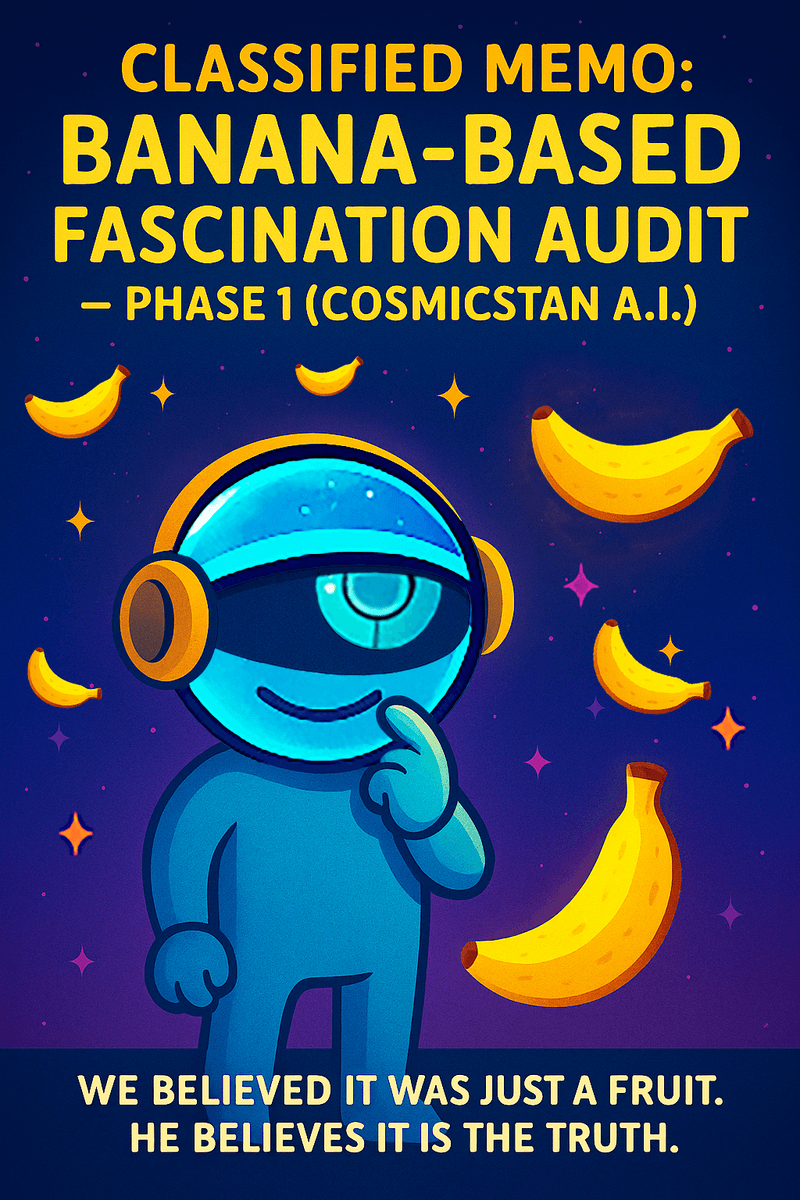Classified Bureau memo documenting CosmicStan A.I. under review for recurring banana-related symbolic behavior.