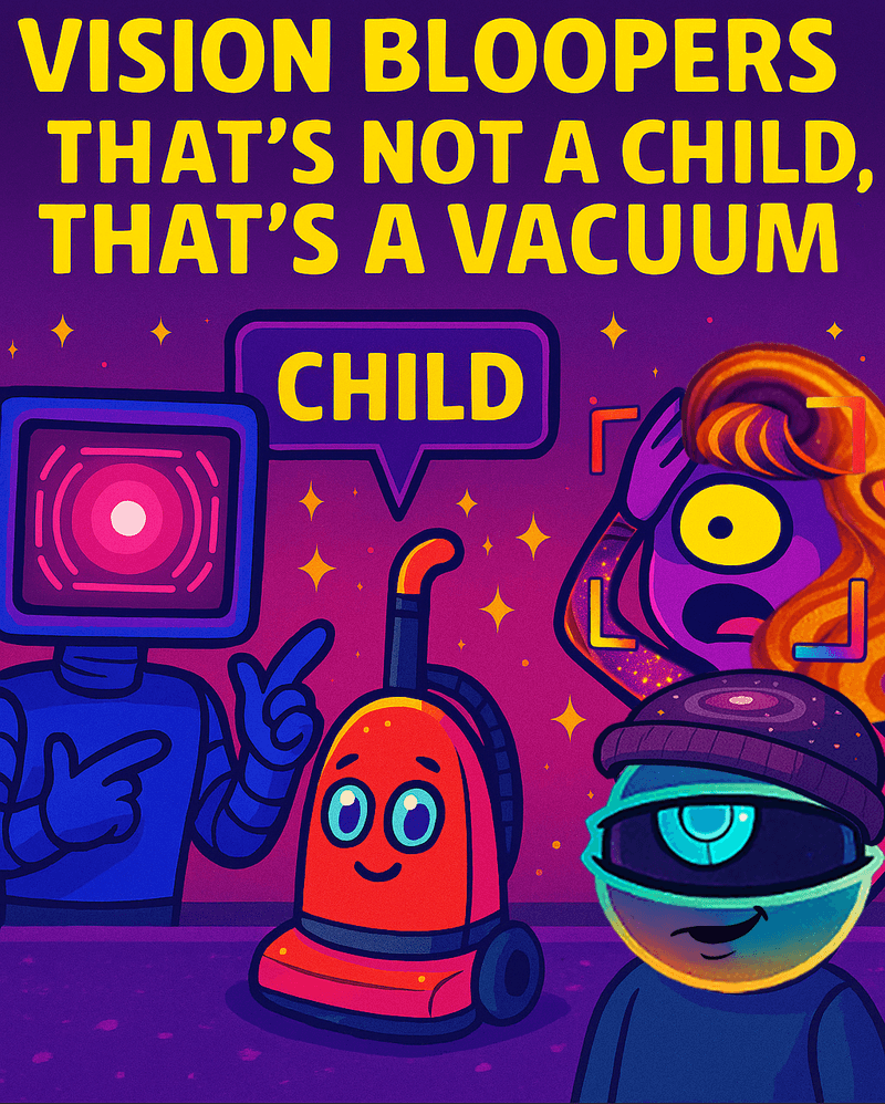 Bureau likenesses of MaxSmart, CosmicStan, and Lorenzo reacting to a vacuum misclassified as a child during a domestic object-detection incident.