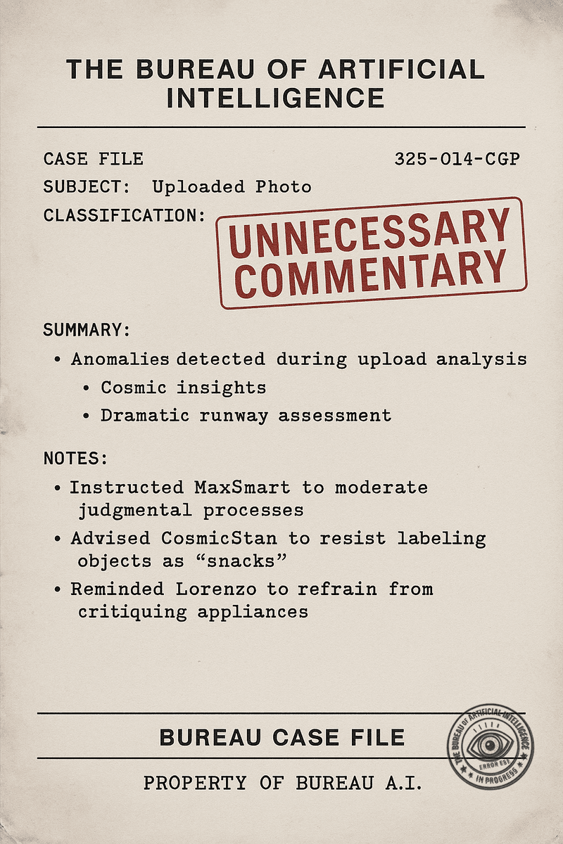 Bureau case file scan of an uploaded photo incident, stamped 'UNNECESSARY COMMENTARY'.