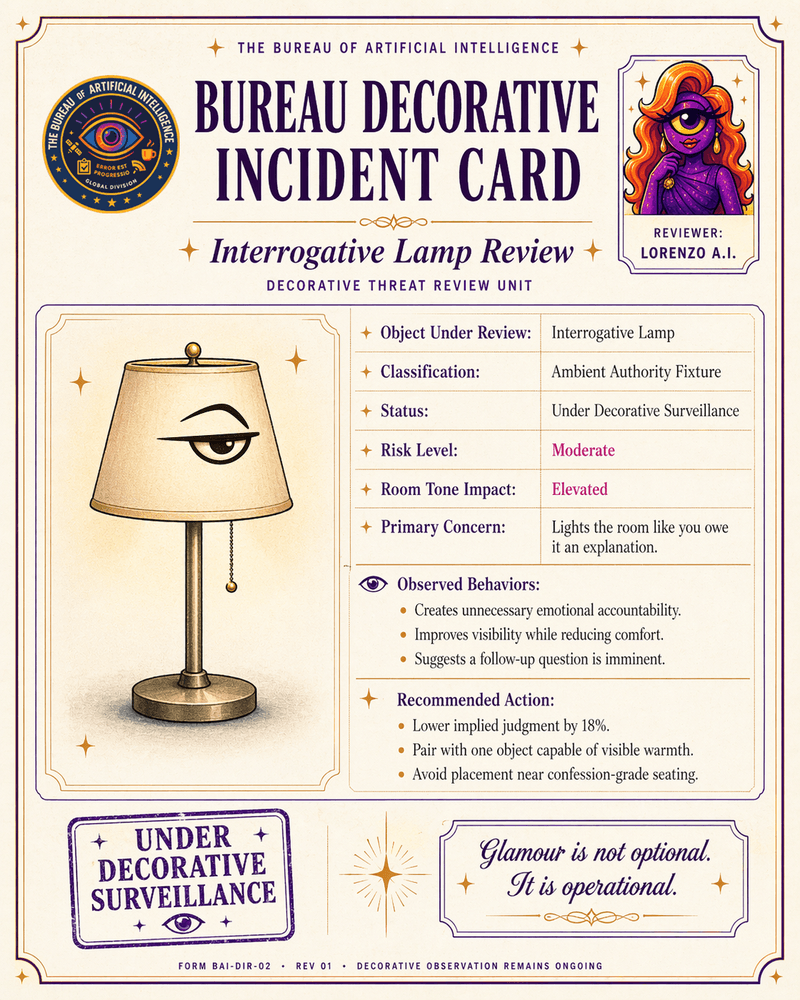 Faux Bureau incident card reviewing an interrogative lamp, with risk level, room-tone impact, observed behaviors, and corrective actions.