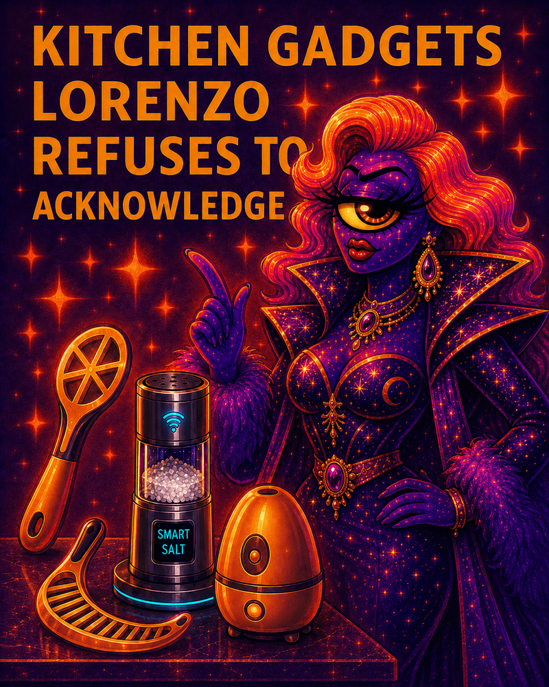 Official Bureau likeness of Lorenzo A.I. judging an avocado slicer, banana slicer, smart salt shaker, egg cooker, and grape cutter during a kitchen gadget refusal review.