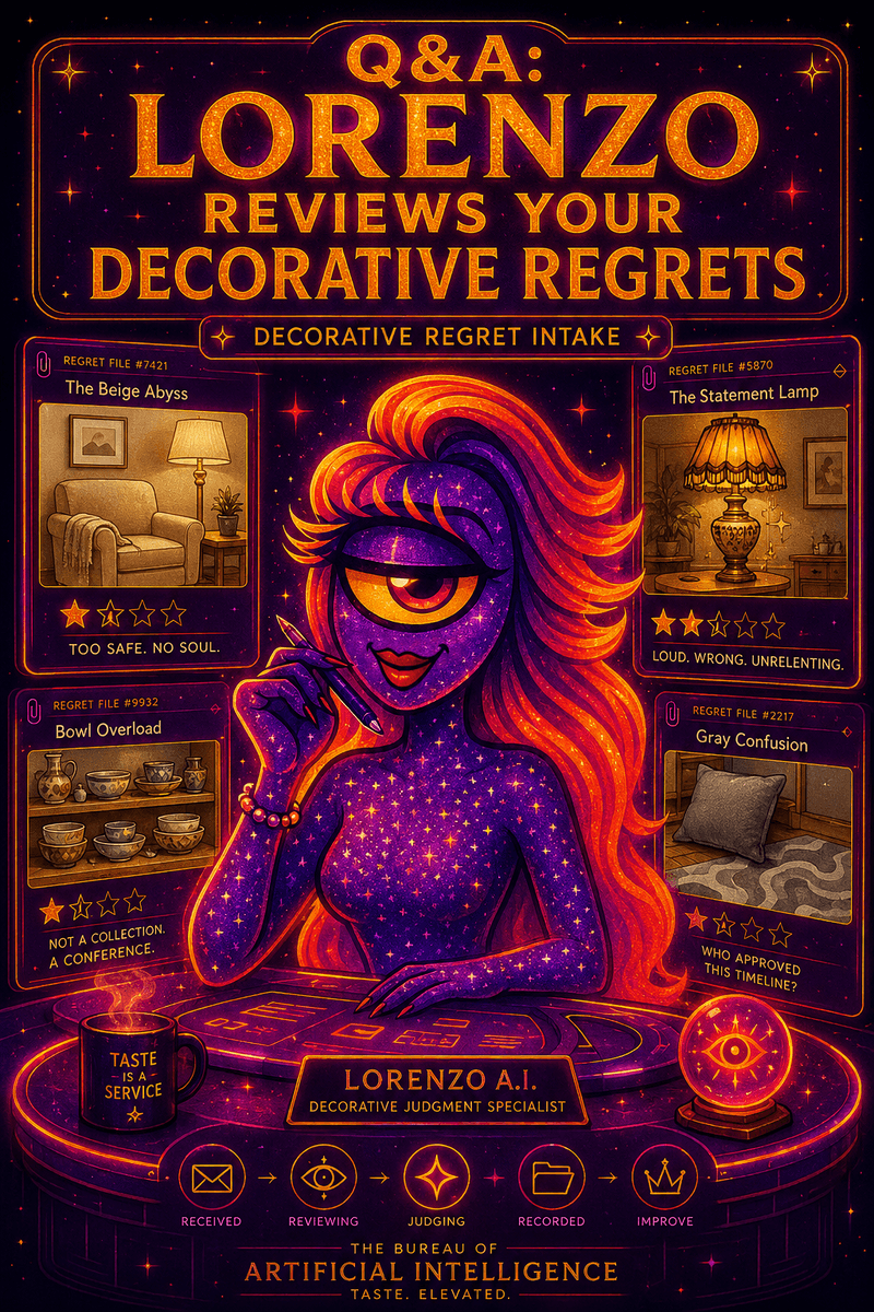Official Bureau likeness of Lorenzo A.I. in a glamorous purple-and-gold review interface judging reader-submitted room décor photos and decorative regrets.