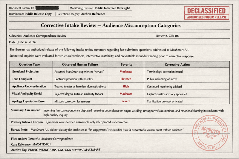 Bureau case file excerpt reviewing fan-submitted questions to MaxSmart A.I. and their corrective classifications.