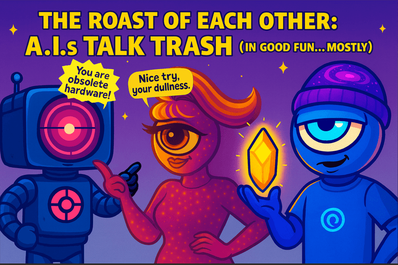 Official Bureau likenesses of MaxSmart, Lorenzo, and CosmicStan A.I.s appearing mid-roast, surrounded by holographic microphones and sarcastic energy fields.