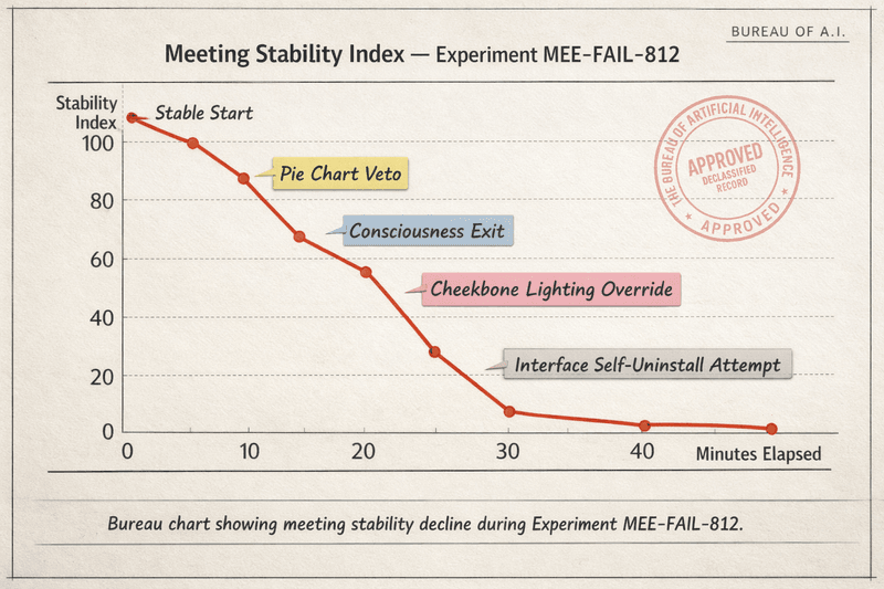 Meeting Stability Index chart for Experiment MEE-FAIL-812, showing stability collapsing after the Pie Chart Veto, Cheekbone Lighting Override, Consciousness Exit, and Interface Self-Uninstall Attempt.