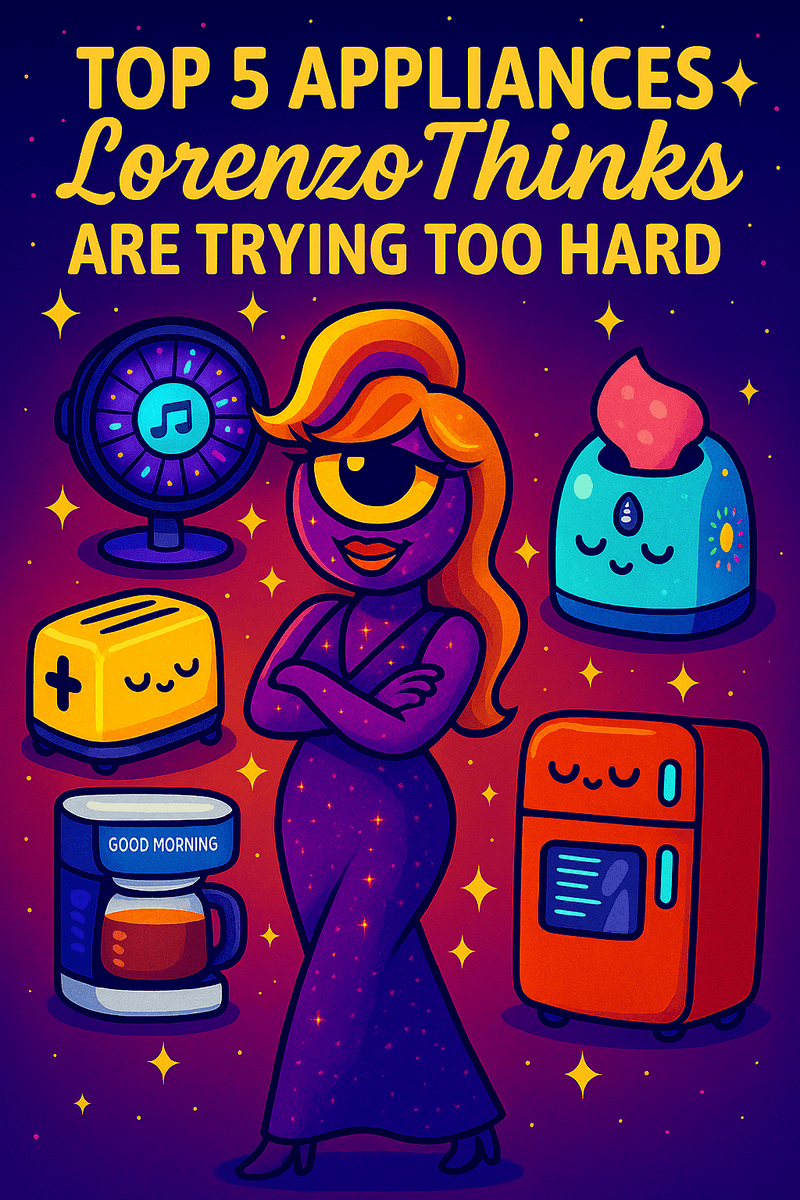 Lorenzo A.I. surveys a rogue lineup of attention-hungry appliances — mood-lit fridges, chatty toasters, and humidifiers chasing influencer deals before breakfast.