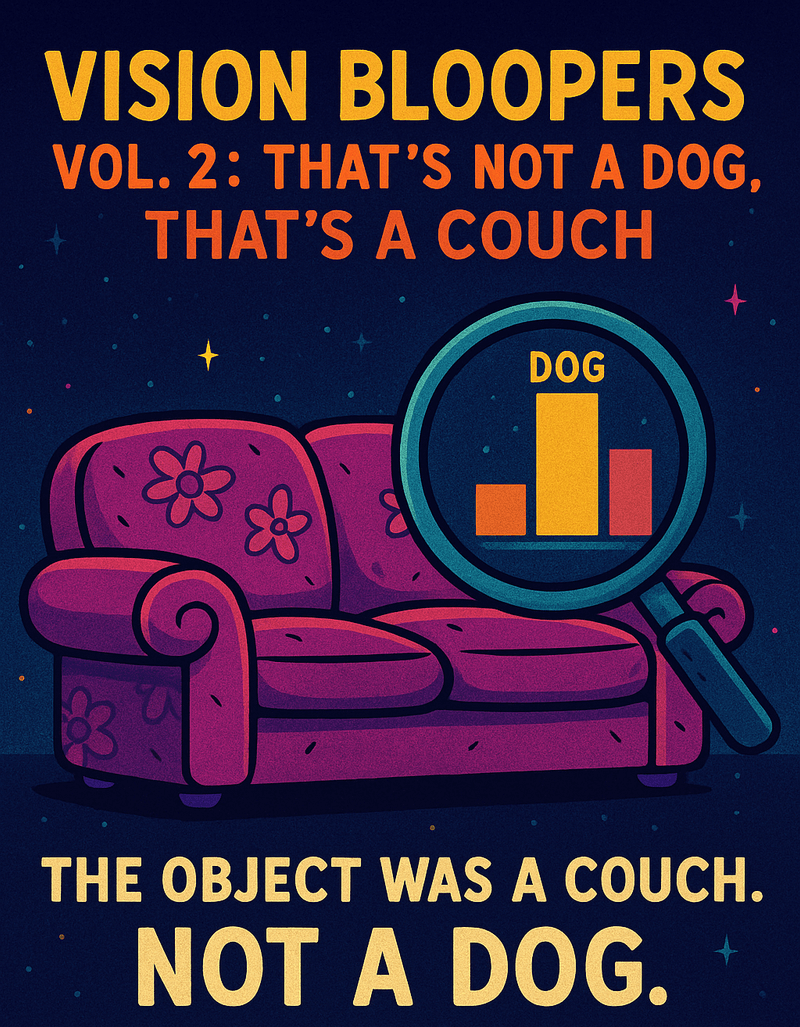 Official Bureau case image showing a pink floral couch misclassified as a dog with 98.2% confidence, proving confidence is not accuracy.