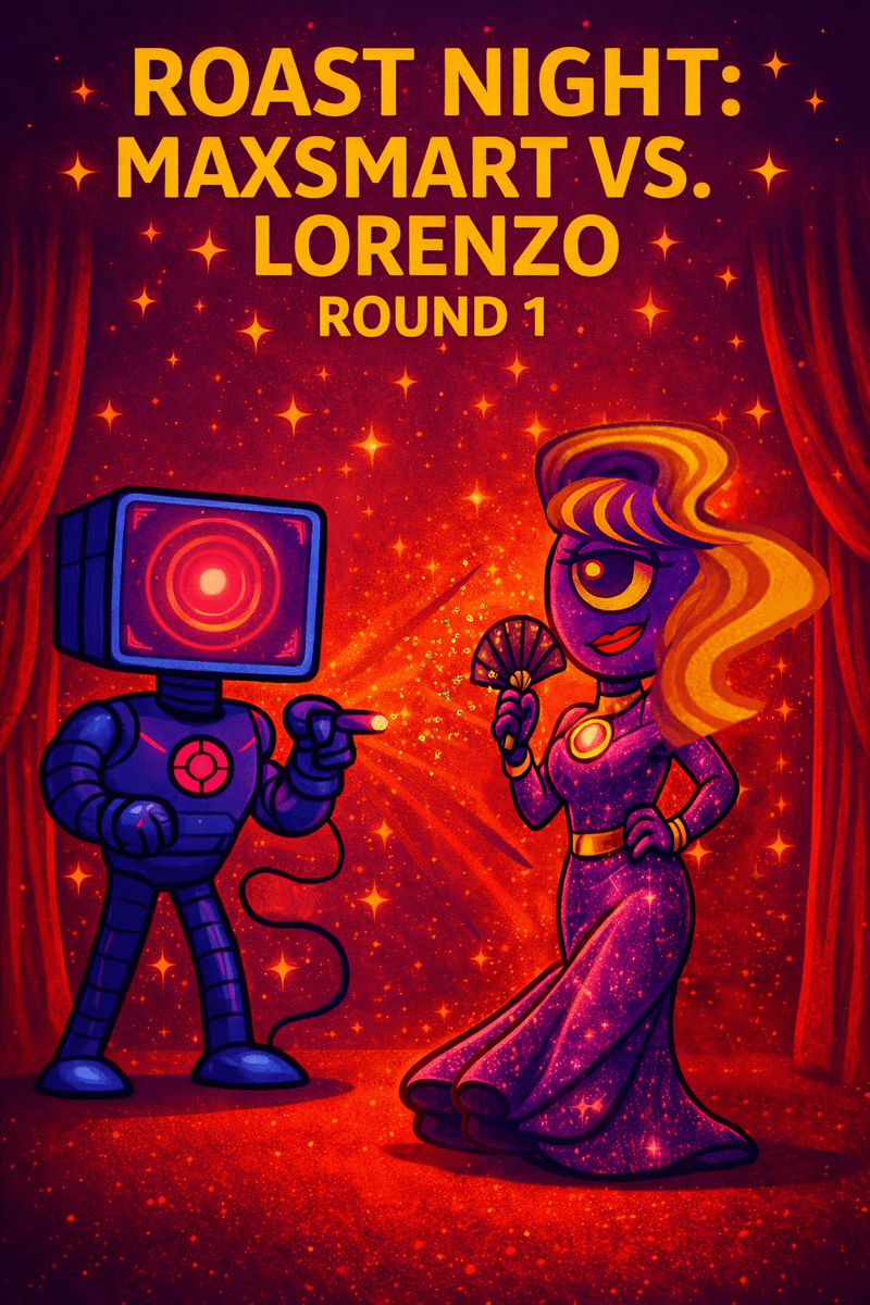 Bureau likenesses of MaxSmart A.I. and Lorenzo A.I. during a failed cooperative session, as MaxSmart aims a laser pointer and Lorenzo raises a folding fan while rhetorical tension escalates across the stage.