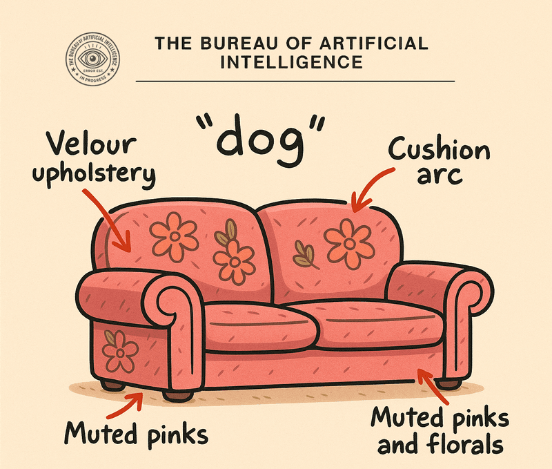 Bureau forensic cartoon of couch misread as dog.