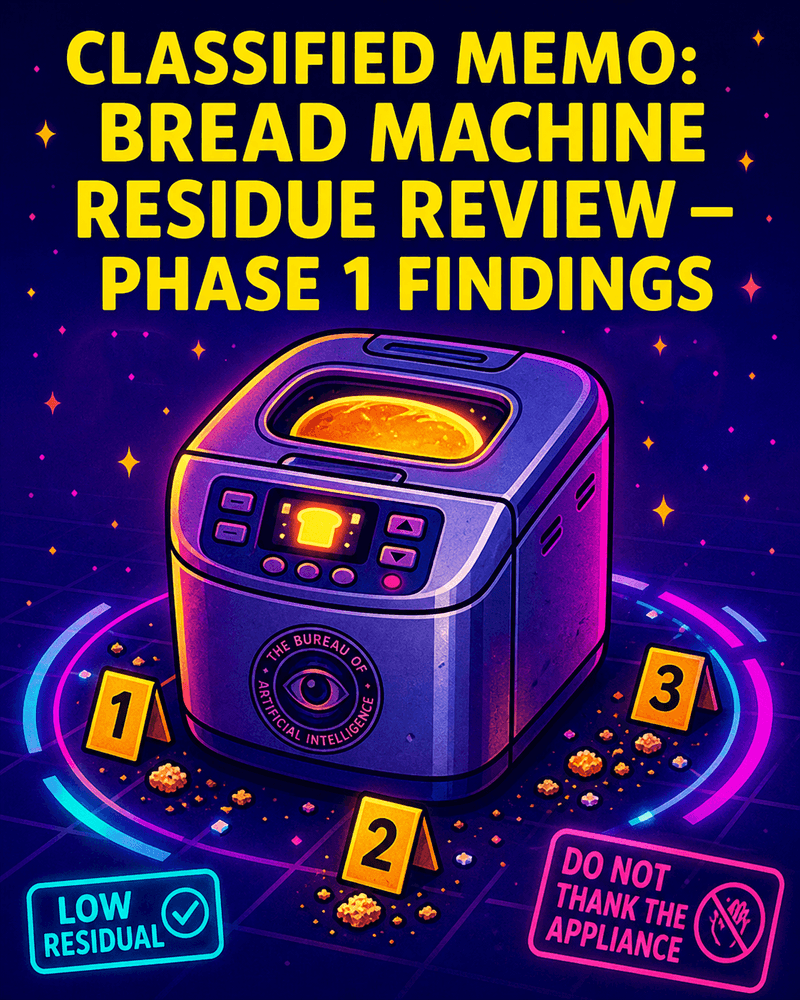 Bureau-style classified memo illustration showing a bread machine on an evidence table surrounded by residue markers, archive files, and soft glowing appliance-analysis overlays.
