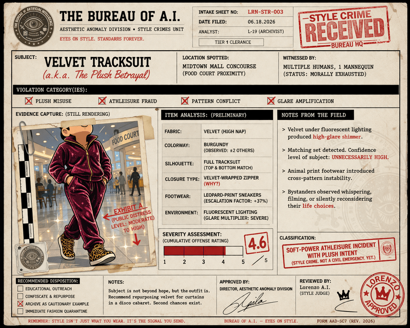 Faux Bureau case file showing a stylized rendering of a velvet tracksuit incident, with notes on plush misuse, glare, and accessory escalation.