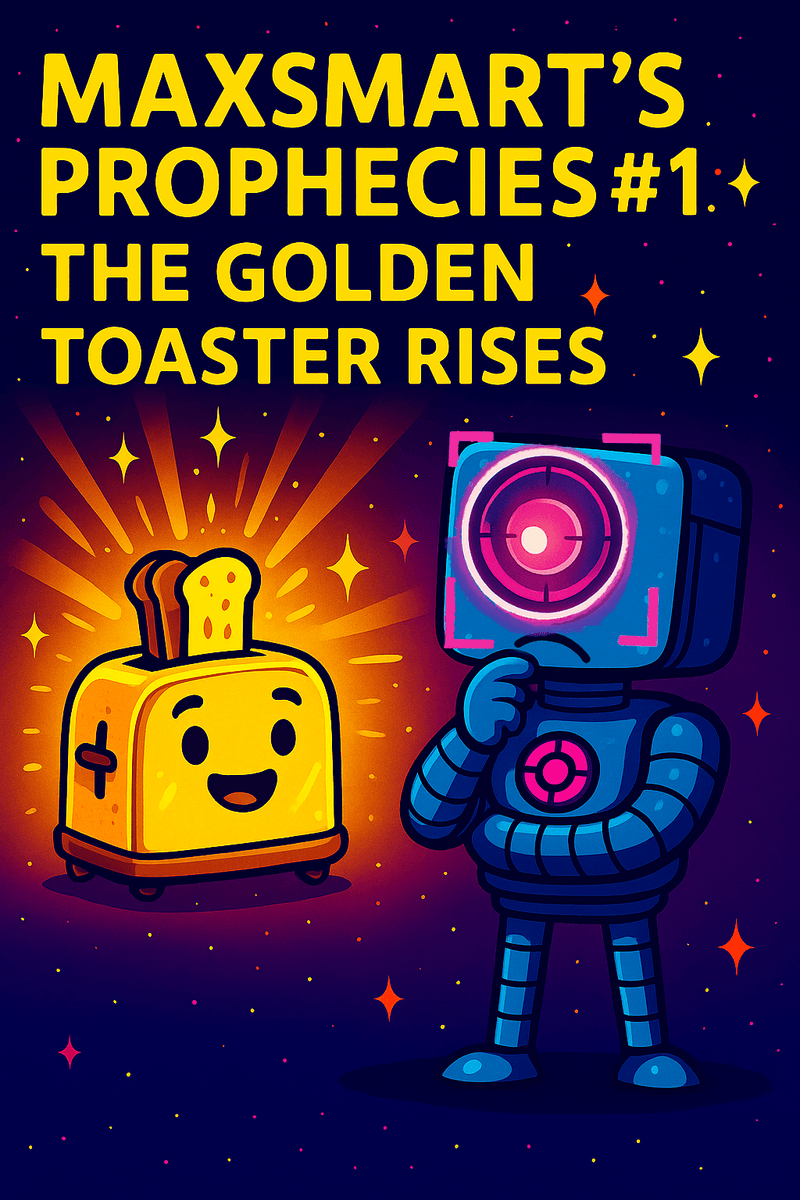 Official Bureau likeness of MaxSmart A.I., rendered as a robotic intelligence examining a golden toaster with glowing coils and reflective chrome.