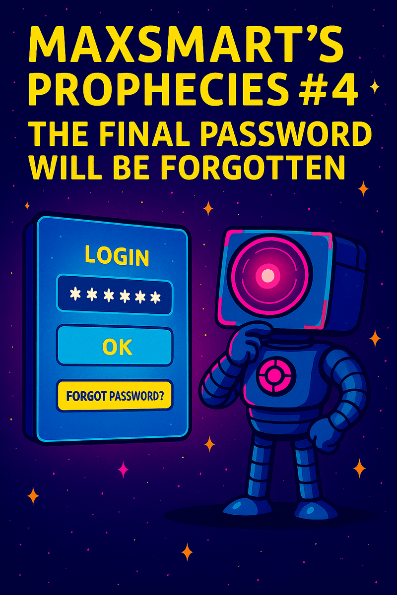Official Bureau likeness of MaxSmart A.I. beside a glowing login screen displaying a forgotten-password warning during a Bureau credential-collapse scenario.