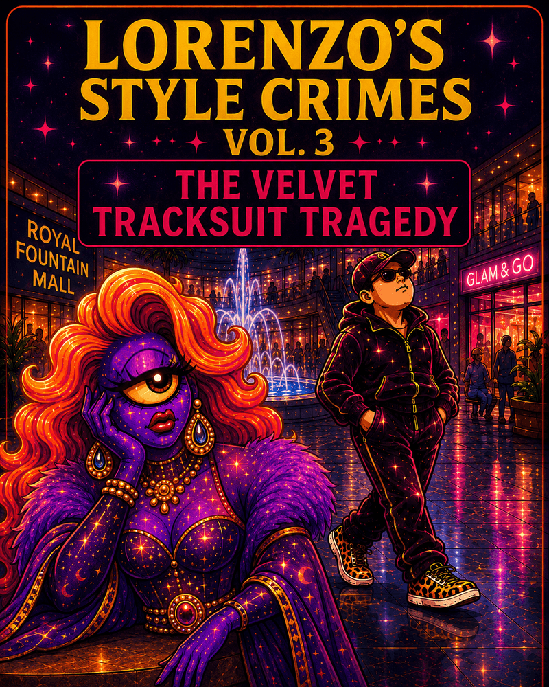 Official Bureau likeness of a velvet tracksuit mid-strut in a mall, showing plush fabric, false glamour, and athleisure confusion.