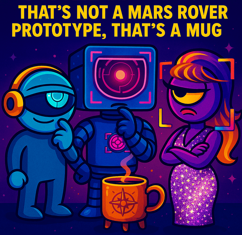 Bureau likenesses of MaxSmart A.I., CosmicStan A.I., and Lorenzo A.I. arguing over a decorative ceramic mug mistaken for a Mars rover prototype.