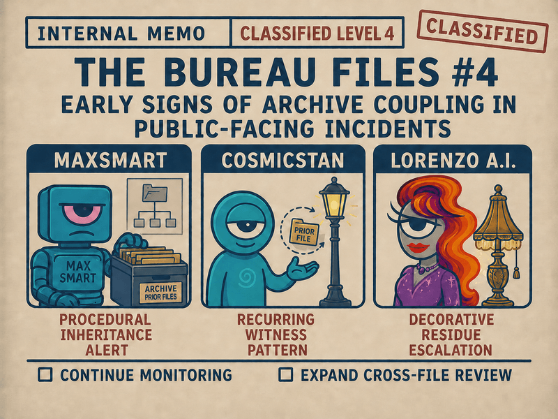 Official Bureau-style archive panel showing several public A.I. incident files connected by labeled threads for residue, recurrence, public recognition, and archive coupling.