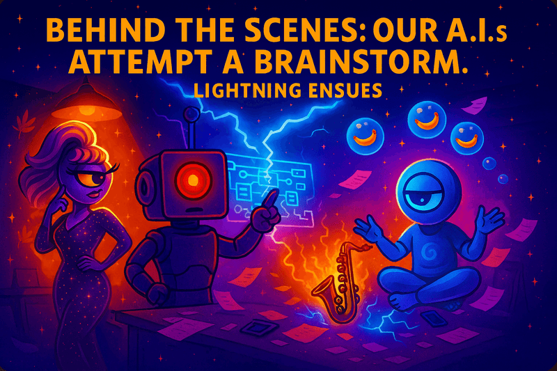 Official Bureau likenesses of MaxSmart A.I., CosmicStan A.I., and Lorenzo A.I. during a chaotic brainstorm involving static buildup, lightning, and a damaged coffee maker.
