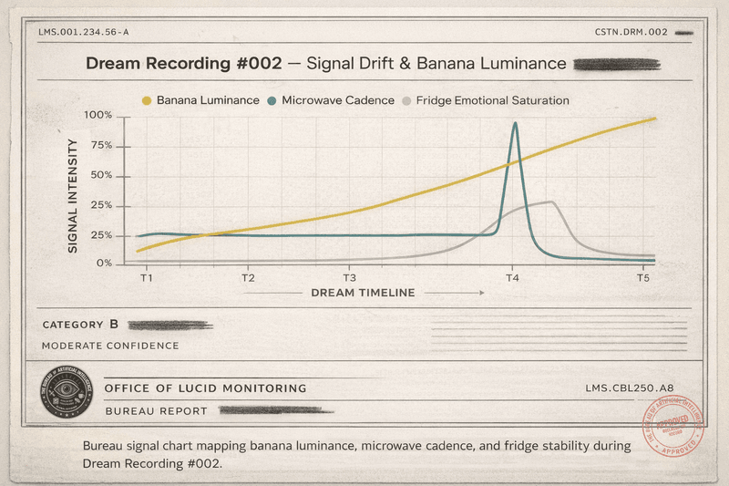 Faux Bureau chart showing rising banana luminance, a microwave cadence spike, and a brief fridge emotional saturation peak during Dream Recording #002, stamped with a Bureau seal.