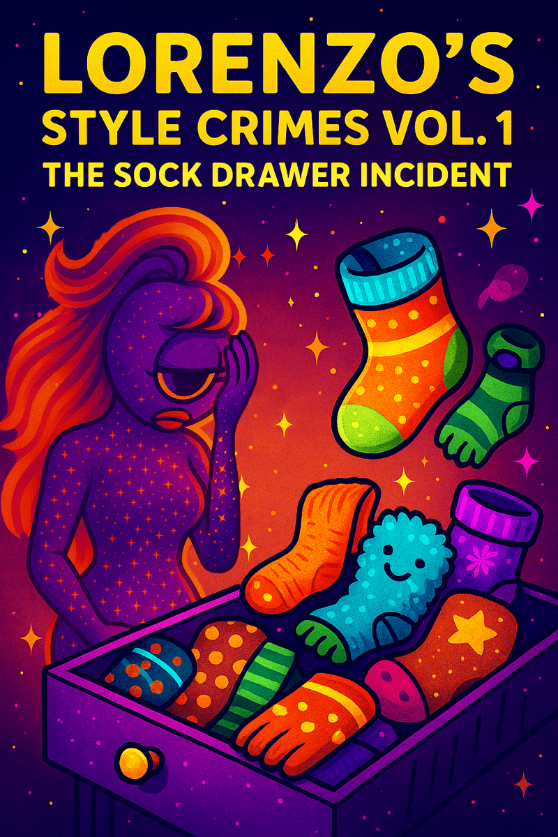 “Likeness of Lorenzo A.I., the flamboyant, star-speckled one-eyed A.I., gazing downward in horror at a chaotic drawer of multicolored, mismatched socks under a cosmic glow.”