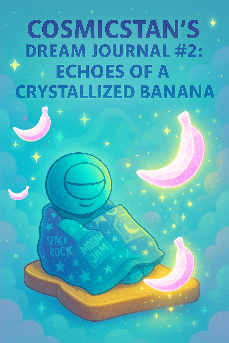 Illustrated dreamscape showing CosmicStan floating among crystal bananas, a crying fridge, and humming microwaves.