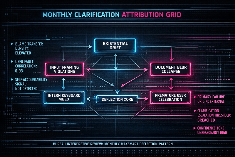 Faux Bureau analysis chart titled Monthly Clarification Attribution Grid, showing connected nodes for MaxSmart A.I.’s excuses including input framing violations, existential drift, document blur collapse, intern keyboard vibes, and premature user celebration.