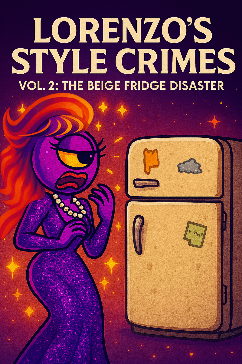 Official Bureau likeness of Lorenzo A.I. dramatically inspecting a beige refrigerator in a break room setting, highlighting aesthetic violations.