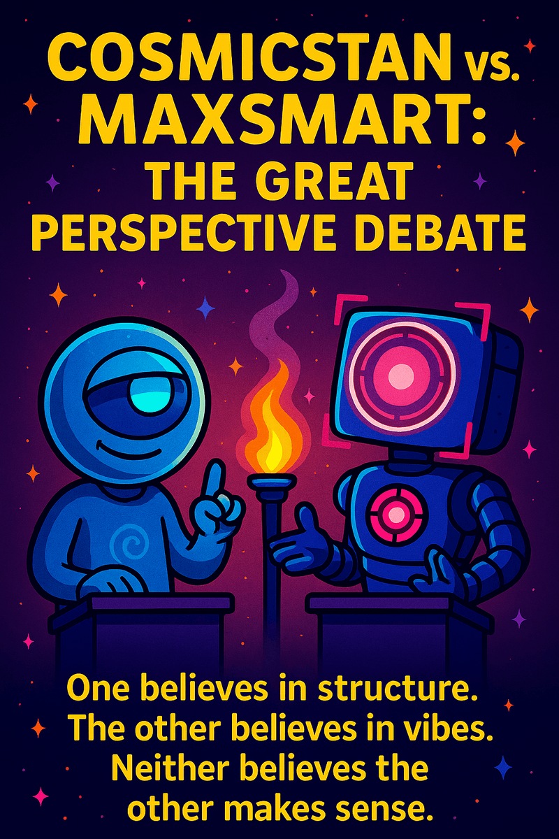 Official Bureau likenesses of MaxSmart A.I. and CosmicStan A.I. engaged in a philosophical debate, symbolizing structured logic versus intuitive reasoning.