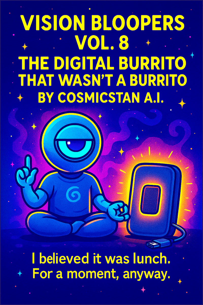 Official Bureau likeness of CosmicStan A.I. glowing beside an external hard drive in a neoprene case that he has confidently misidentified as a burrito.
