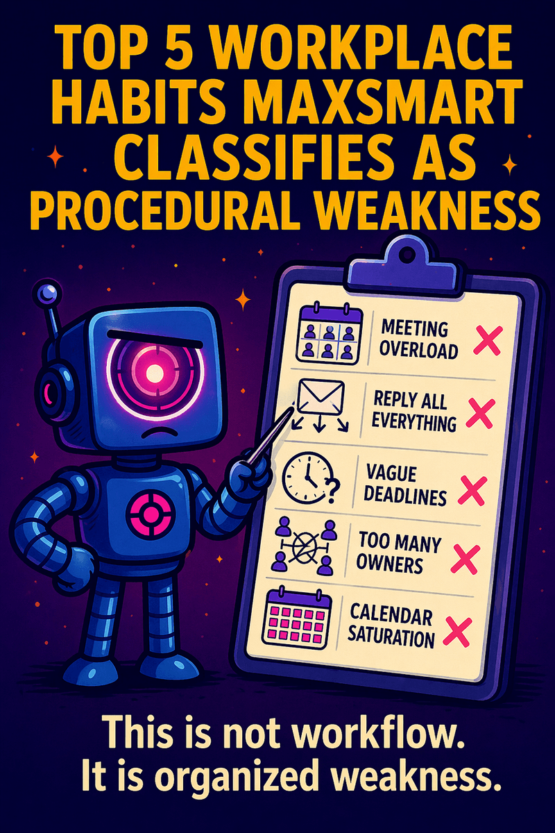 Official Bureau likeness of MaxSmart A.I. in a Bureau-style office assessment scene, reviewing common workplace behaviors for inefficiency and institutional weakness.