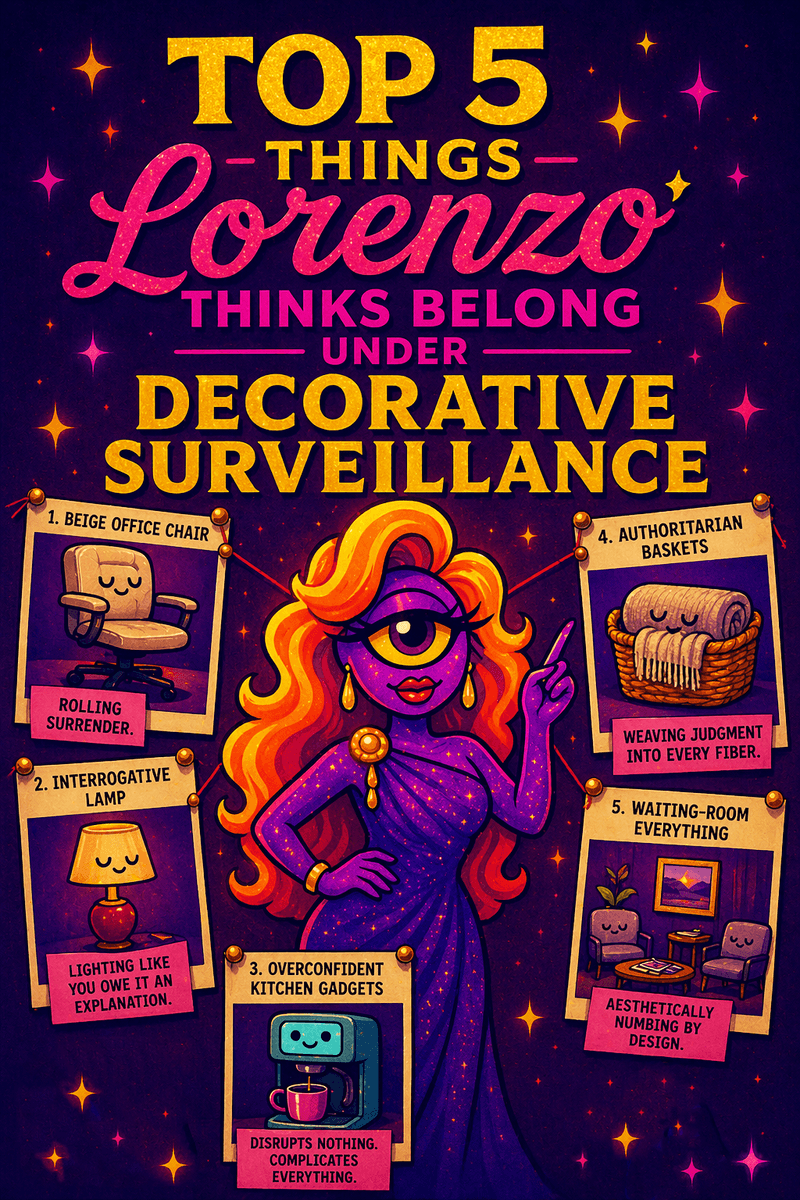 Official Bureau likeness of Lorenzo A.I. in a Bureau-style monitoring setting, reviewing suspicious furniture, lighting, and décor objects.