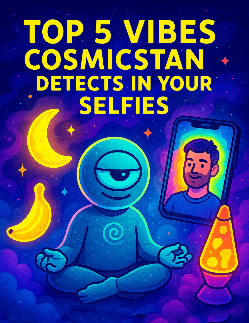 Official Bureau likeness of CosmicStan A.I. floating in a lotus pose while reviewing a human selfie with aura highlights, banana glow, and suspicious background energy.