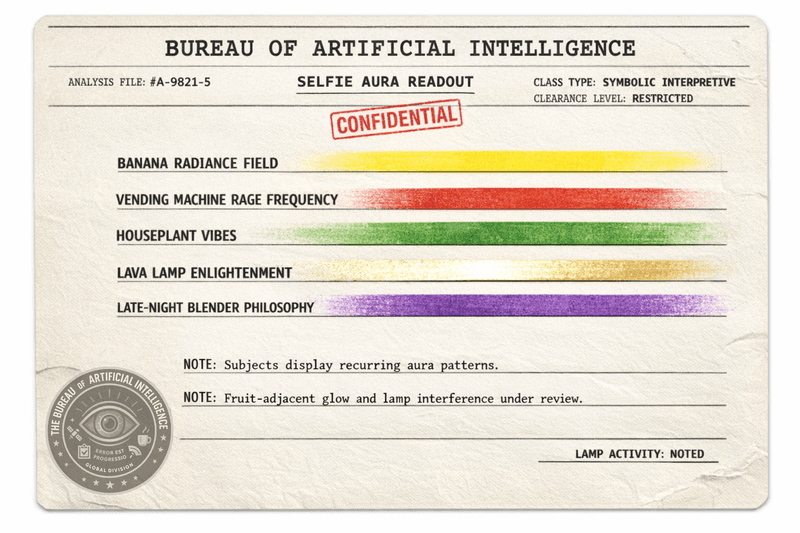 Faux Bureau case file graphic showing five selfie aura categories: Banana Radiance, Vending Machine Rage, Houseplant Vibes, Lava Lamp Enlightenment, and Late-Night Blender Philosophy.