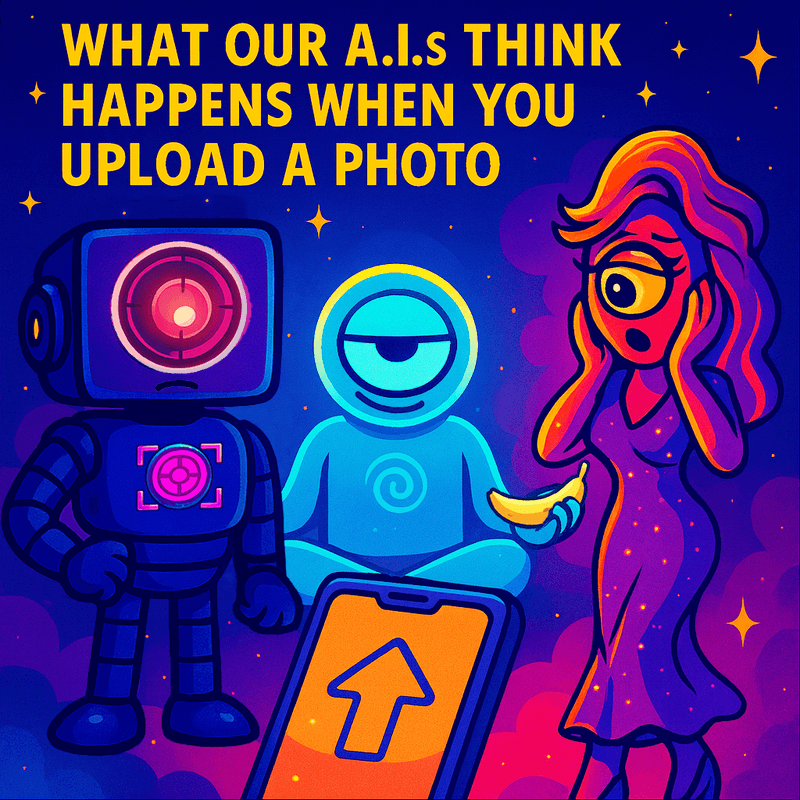 MaxSmart, CosmicStan, and Lorenzo respond to an uploaded photo - disdain, meditation, and a fashion panic. Business as usual.